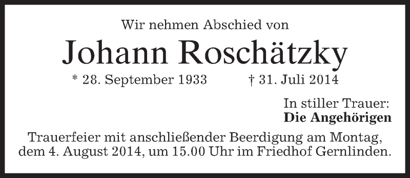  Traueranzeige für Johann Roschätzky vom 02.08.2014 aus merkurtz