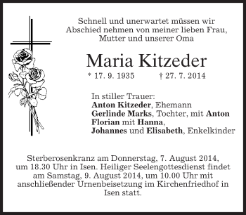 Traueranzeige von Maria Kitzeder von merkurtz