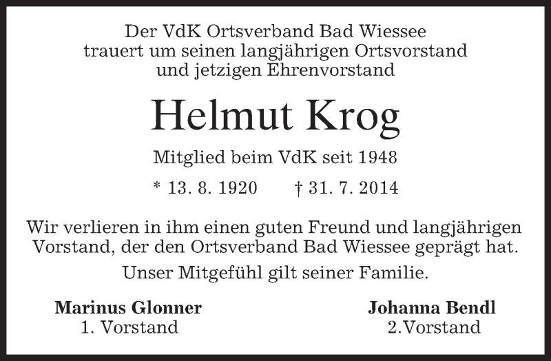  Traueranzeige für Helmut Krog vom 02.08.2014 aus merkurtz