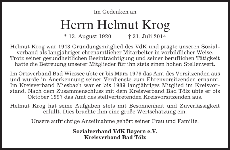  Traueranzeige für Helmut Krog vom 02.08.2014 aus merkurtz