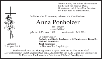 Traueranzeige von Anna Ponholzer von merkurtz