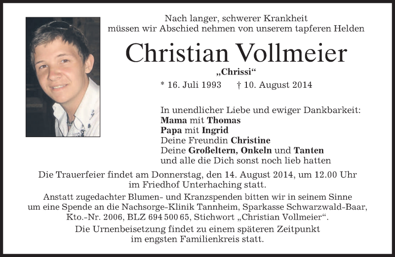  Traueranzeige für Christian Vollmeier vom 12.08.2014 aus merkurtz
