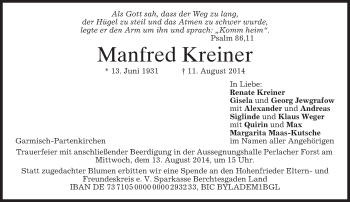 Traueranzeige von Manfred Kreiner von merkurtz