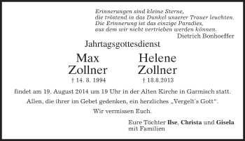 Traueranzeige von Max und Helene Zollner von merkurtz