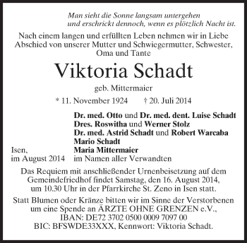 Traueranzeige von Viktoria Schadt von merkurtz