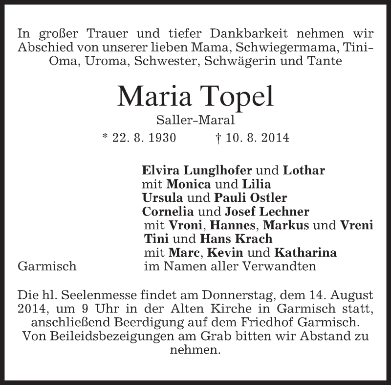  Traueranzeige für Maria Topel vom 12.08.2014 aus merkurtz