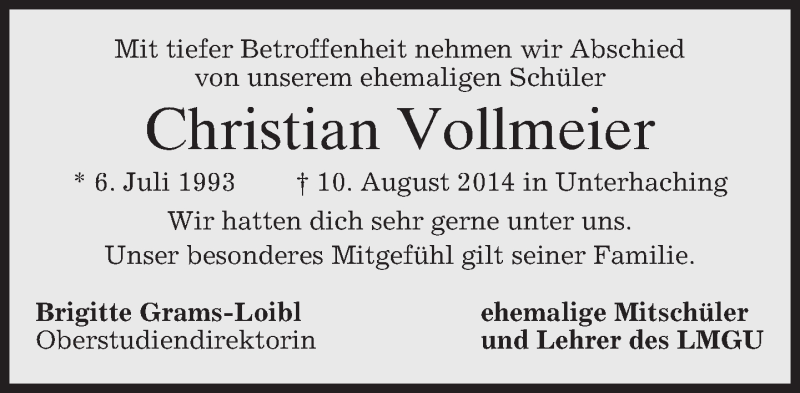  Traueranzeige für Christian Vollmeier vom 13.08.2014 aus merkurtz