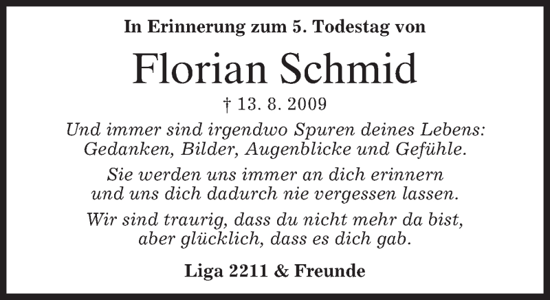  Traueranzeige für Florian Schmid vom 13.08.2014 aus merkurtz