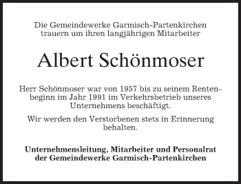Traueranzeige von Albert Schönmoser von merkurtz
