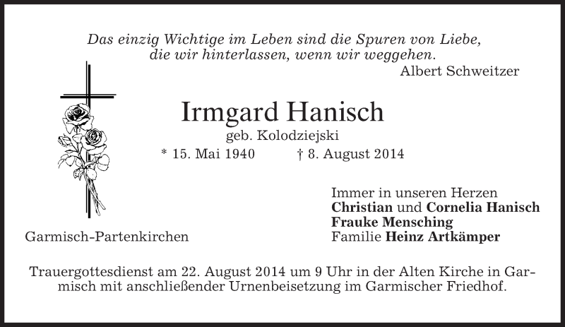  Traueranzeige für Irmgard Hanisch vom 19.08.2014 aus merkurtz