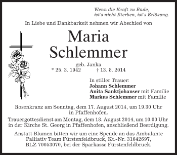 Traueranzeige von Maria Schlemmer von merkurtz