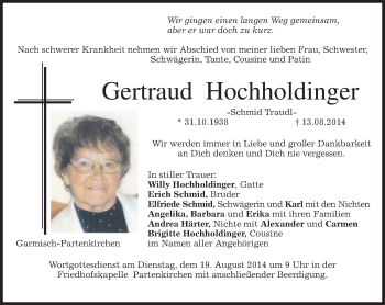 Traueranzeige von Gertraud Hochholdinger von merkurtz