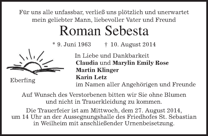  Traueranzeige für Roman Sebesta vom 23.08.2014 aus merkurtz