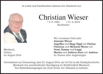 Traueranzeige von Christian Wieser von merkurtz