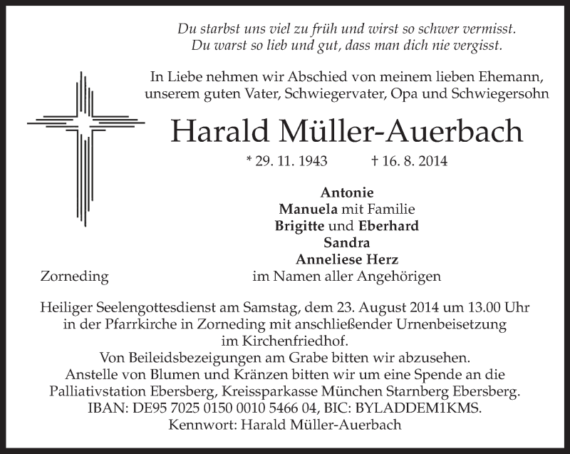  Traueranzeige für Harald Müller-Auerbach vom 20.08.2014 aus merkurtz