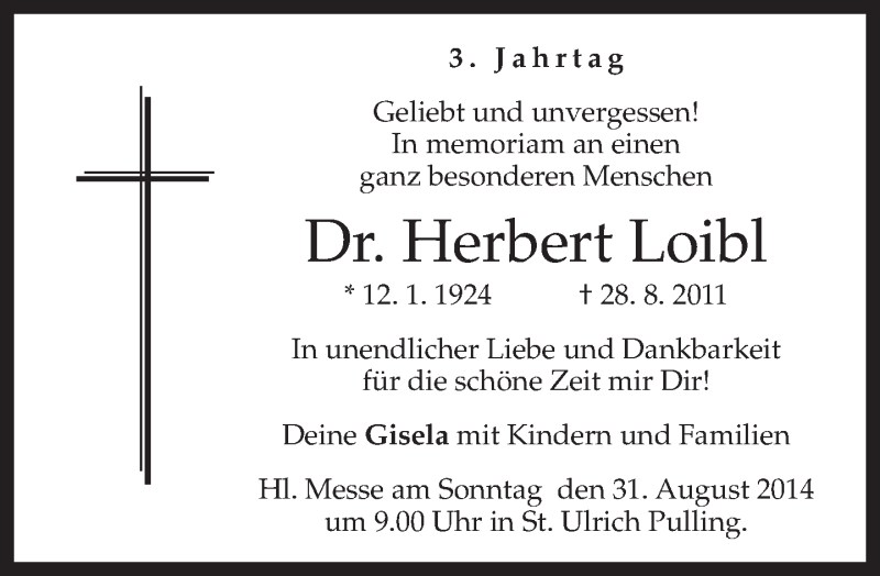  Traueranzeige für Herbert Loibl vom 30.08.2014 aus merkurtz
