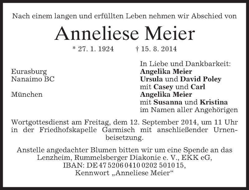  Traueranzeige für Anneliese Meier vom 10.09.2014 aus merkurtz