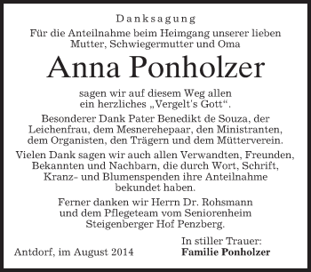 Traueranzeige von Anna Ponholzer von merkurtz