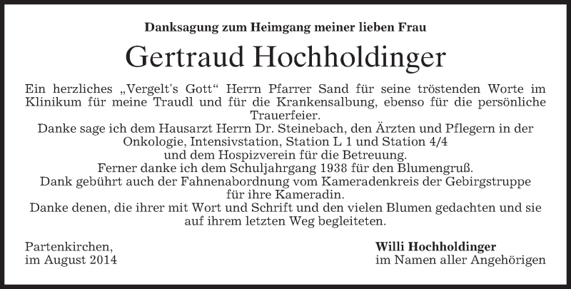  Traueranzeige für Gertraud Hochholdinger vom 23.08.2014 aus merkurtz