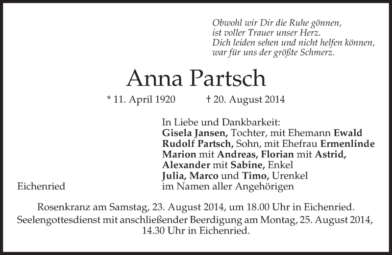  Traueranzeige für Anna Partsch vom 22.08.2014 aus merkurtz