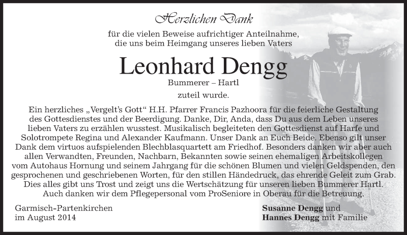  Traueranzeige für Leonhard Dengg vom 23.08.2014 aus merkurtz