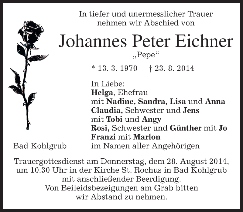  Traueranzeige für Johannes Peter Eichner vom 27.08.2014 aus merkurtz