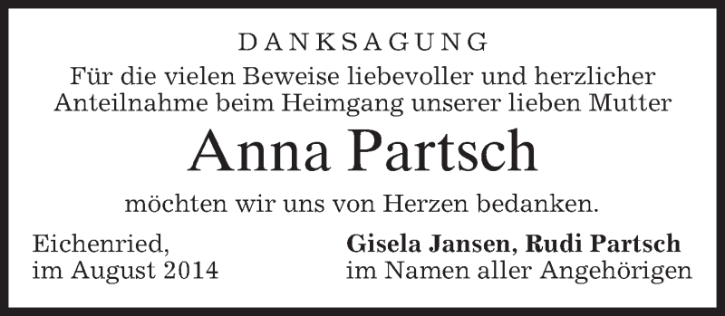  Traueranzeige für Anna Partsch vom 30.08.2014 aus merkurtz