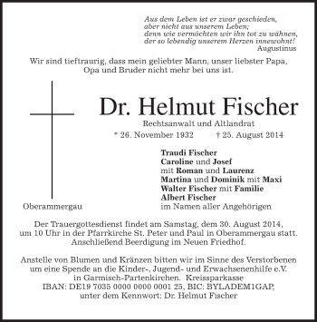 Traueranzeige von Helmut Fischer von merkurtz