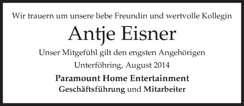  Traueranzeige für Antje Eisner vom 28.08.2014 aus merkurtz