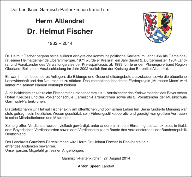  Traueranzeige für Helmut Fischer vom 28.08.2014 aus merkurtz