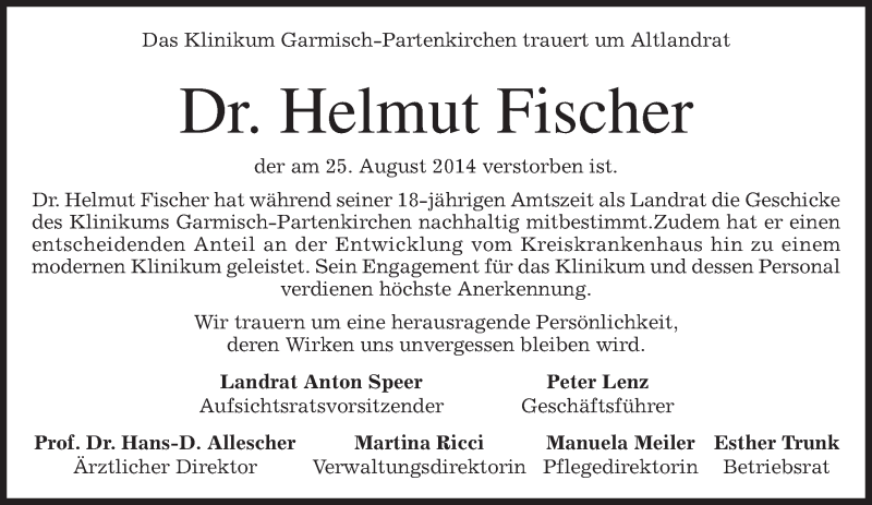  Traueranzeige für Helmut Fischer vom 29.08.2014 aus merkurtz