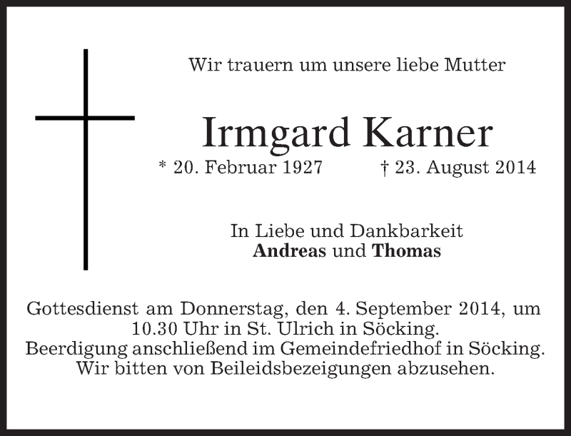  Traueranzeige für Irmgard Karner vom 30.08.2014 aus merkurtz