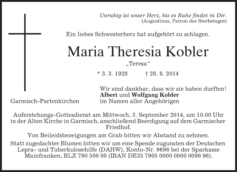  Traueranzeige für Maria Theresia Kobler vom 01.09.2014 aus merkurtz