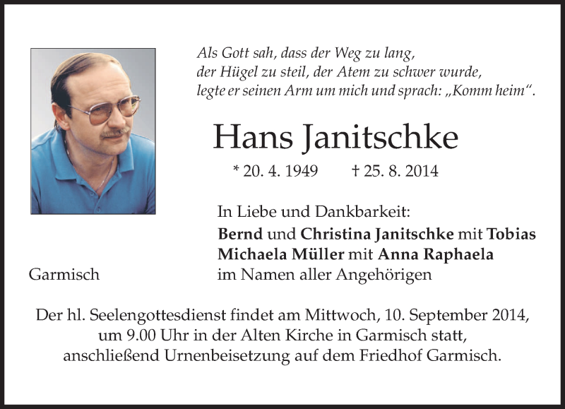  Traueranzeige für Hans Janitschke vom 01.09.2014 aus merkurtz