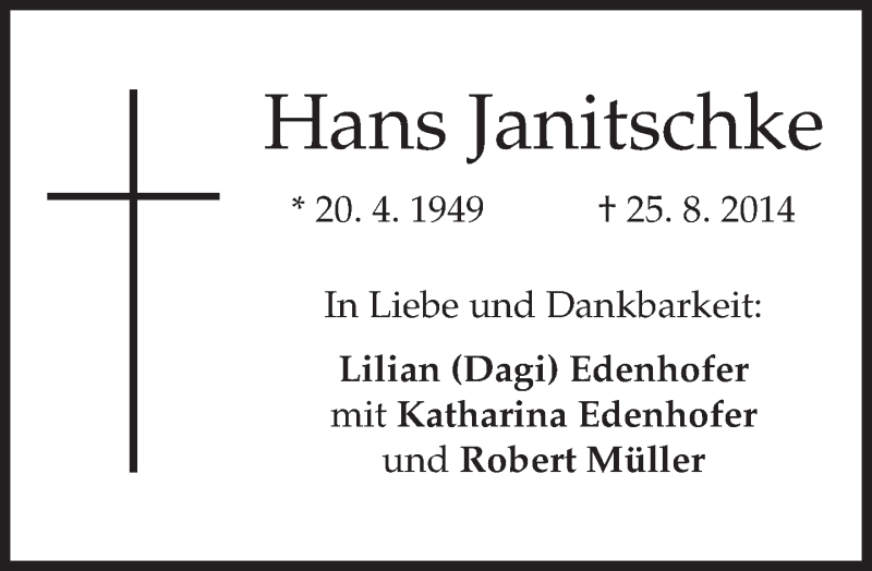  Traueranzeige für Hans Janitschke vom 02.09.2014 aus merkurtz
