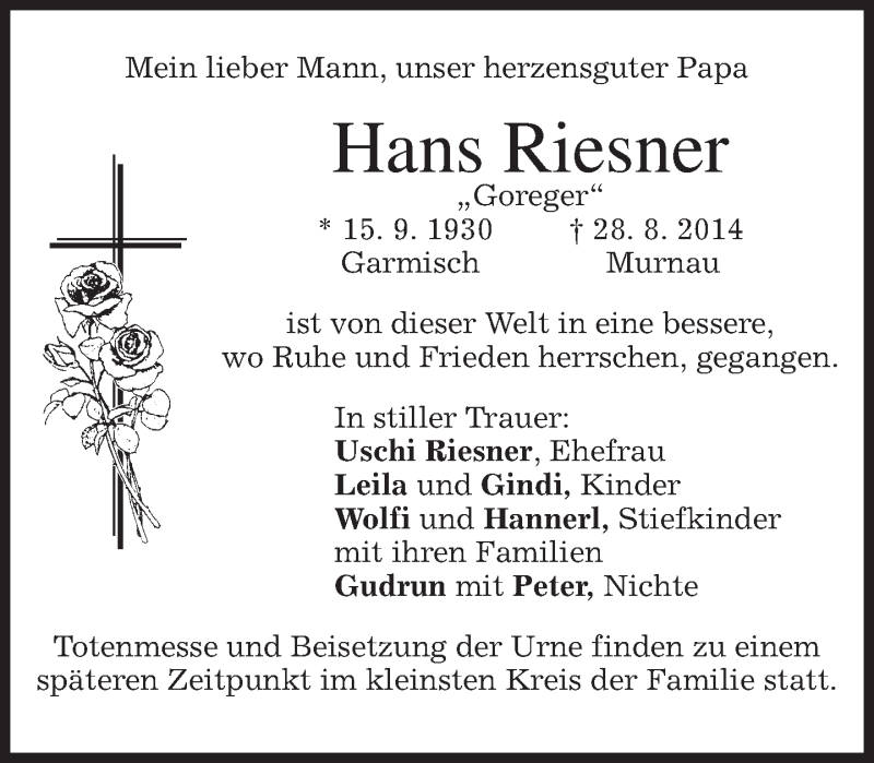  Traueranzeige für Hans  Riesner vom 02.09.2014 aus merkurtz
