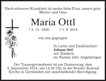 Traueranzeige von Maria Ottl von merkurtz