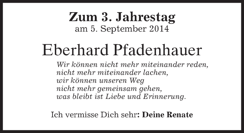  Traueranzeige für Eberhard Pfadenhauer vom 05.09.2014 aus merkurtz