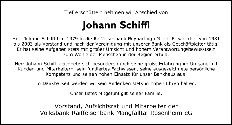  Traueranzeige für Johann Schiffl vom 17.06.2009 aus MERKUR & TZ