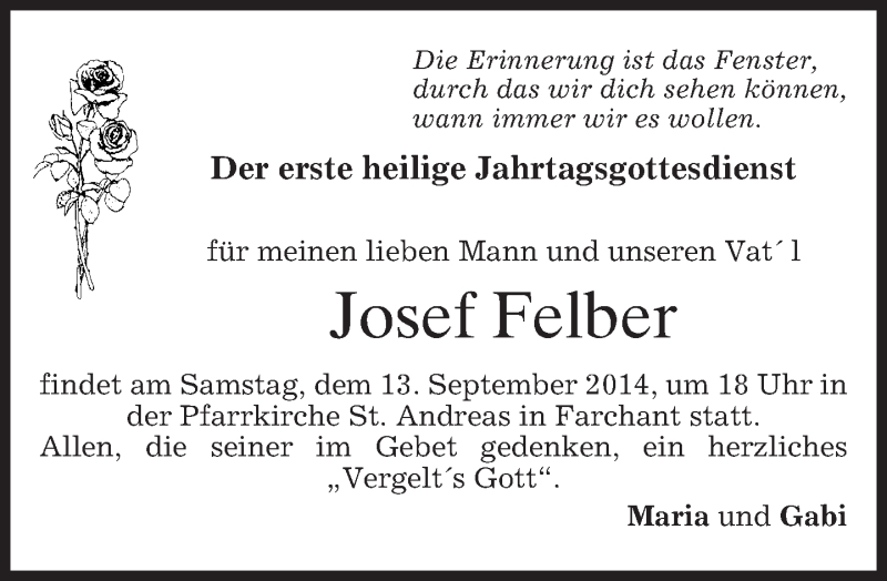  Traueranzeige für Josef Felber vom 06.09.2014 aus merkurtz