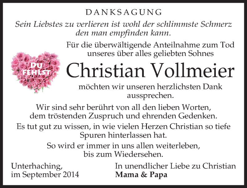  Traueranzeige für Christian Vollmeier vom 06.09.2014 aus merkurtz