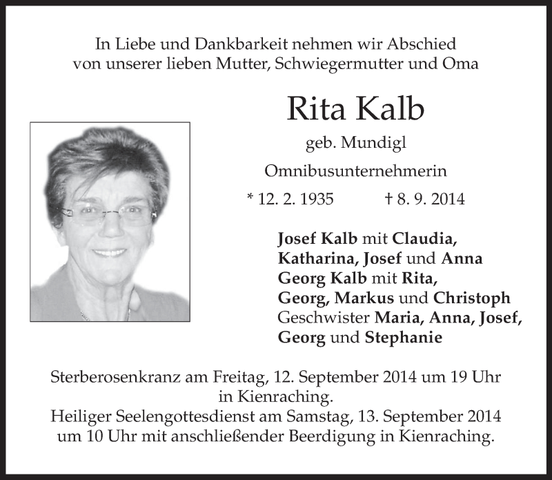  Traueranzeige für Rita Kalb vom 10.09.2014 aus merkurtz