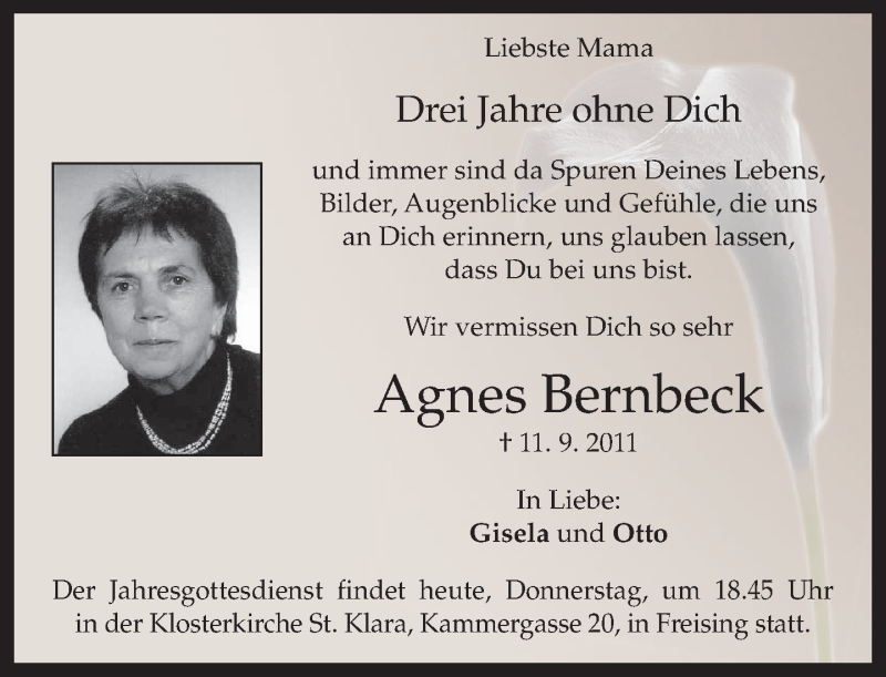  Traueranzeige für Agnes Bernbeck vom 11.09.2014 aus merkurtz