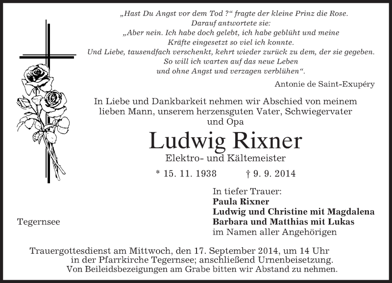  Traueranzeige für Ludwig Rixner vom 13.09.2014 aus merkurtz