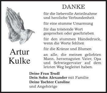 Traueranzeige von Artur Kulke von merkurtz