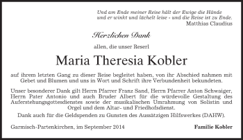 Traueranzeige von Maria Theresia Kobler von merkurtz