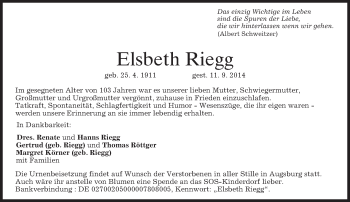 Traueranzeige von Elsbeth Riegg von merkurtz