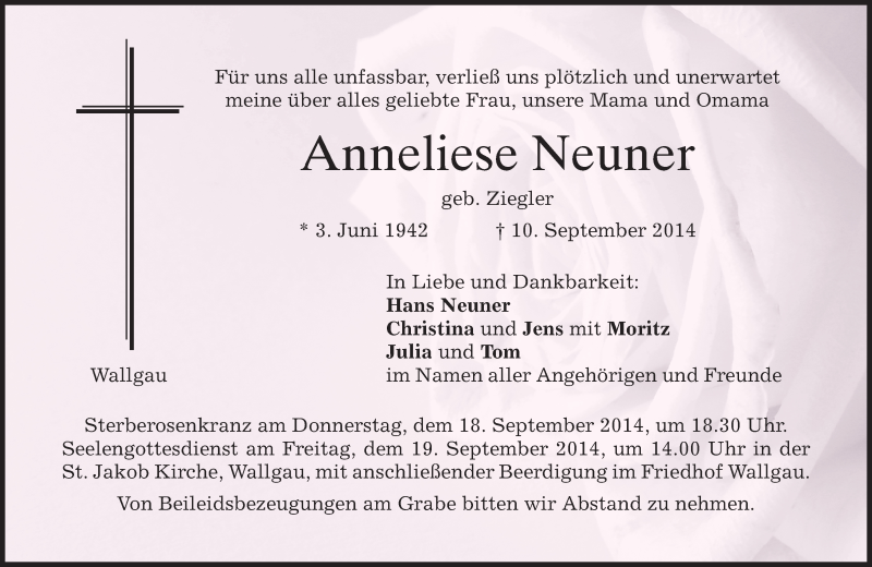  Traueranzeige für Anneliese Neuner vom 16.09.2014 aus merkurtz