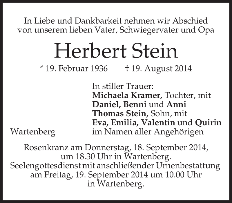  Traueranzeige für Herbert Stein vom 16.09.2014 aus merkurtz