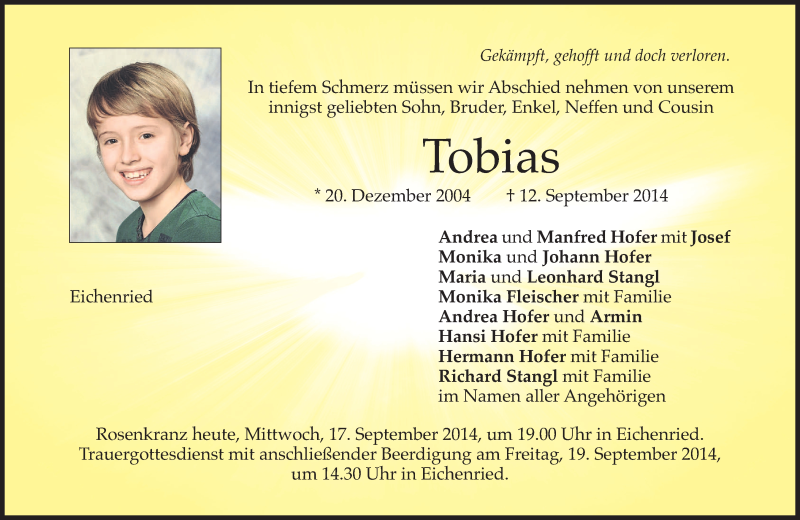  Traueranzeige für Tobias Hofer vom 17.09.2014 aus merkurtz